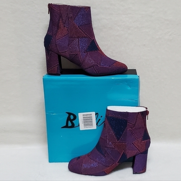 BELLINI Glamour Metallic Patchwork Knit Chunky Block Heel Back-zip Ankle Booties - Picture 1 of 16